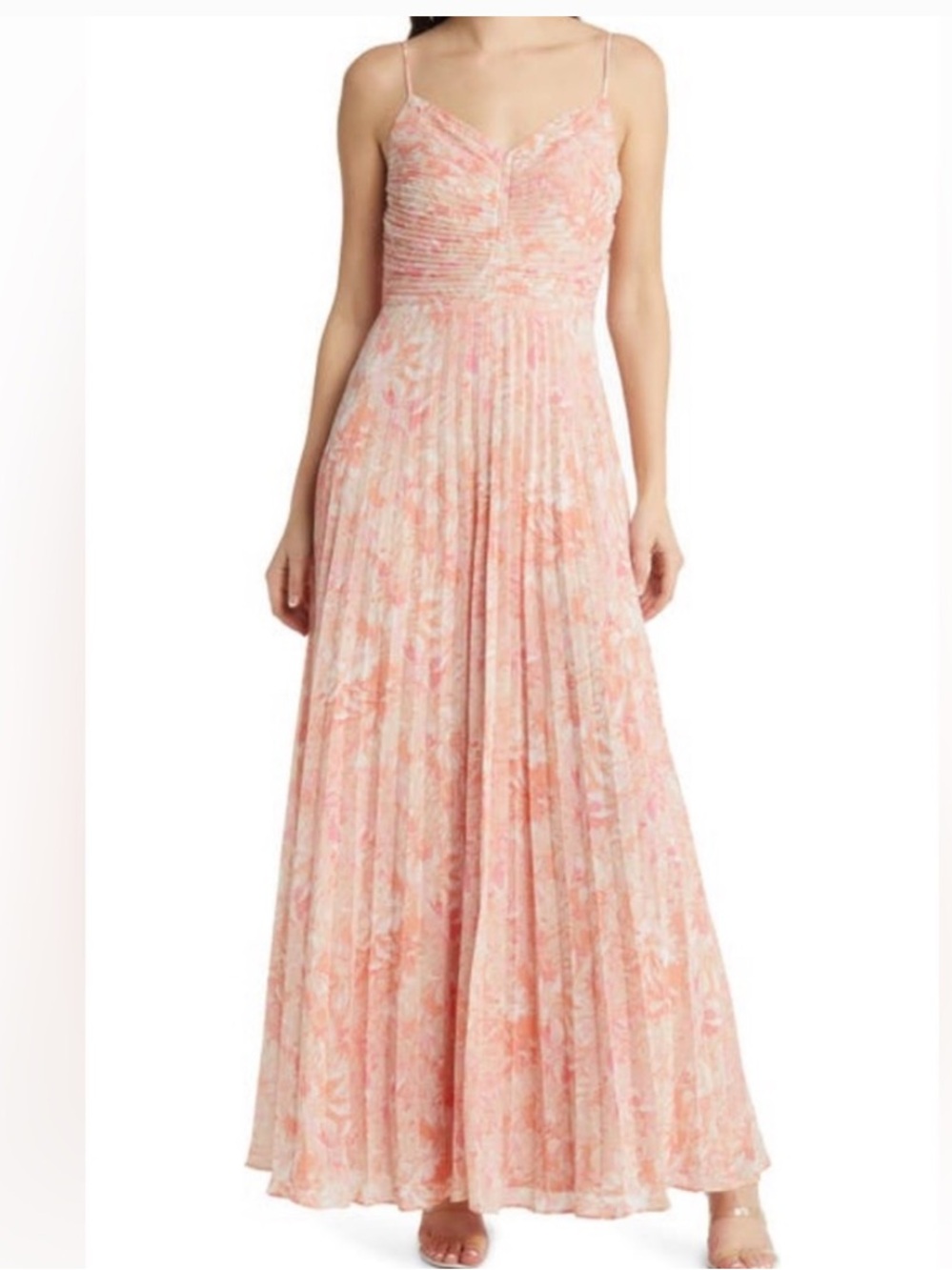 Chelsea 28 pink & orange floral pleated maxi sweetheart dress size small